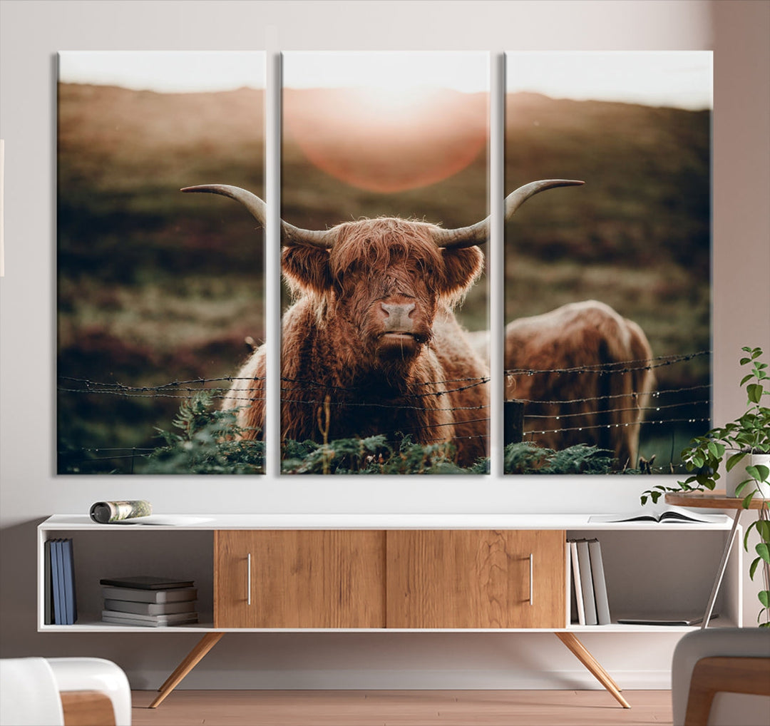 Highland Cow at Sunrise Canvas Wall Art Home Decoration Multi Panel Wall Art Canvas Print Framed Ready to Hang Canvas Artwork for Wall Split Living Room Art Photograph Art Wall Decor