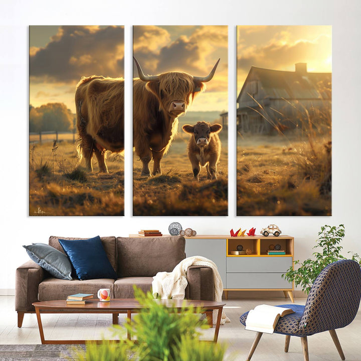 Highland Cow Canvas Wall Art Animal Print Pictures Fluffy Cattle Photo Framed Farmhouse Painting