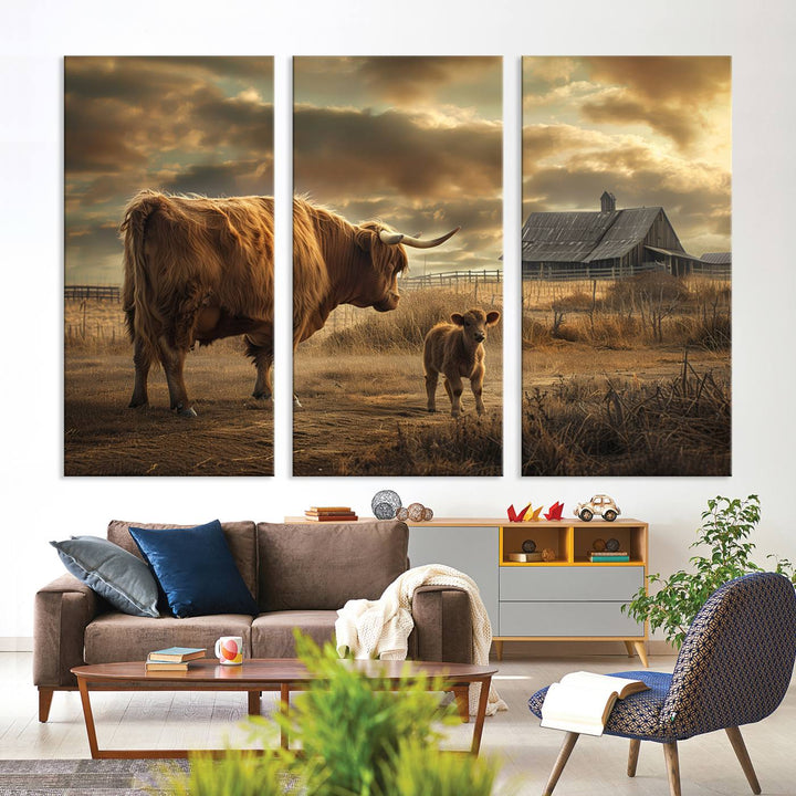 Highland Cow Canvas Wall Art Animal Print Pictures Fluffy Cattle Photo Framed Farmhouse Painting