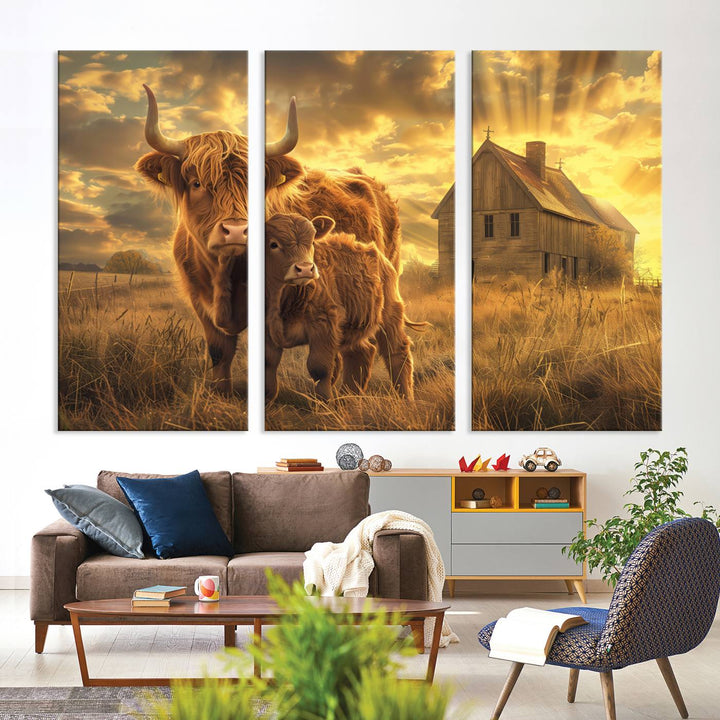 Highland Cow Canvas Wall Art Animal Print Pictures Fluffy Cattle Photo Framed Farmhouse Painting