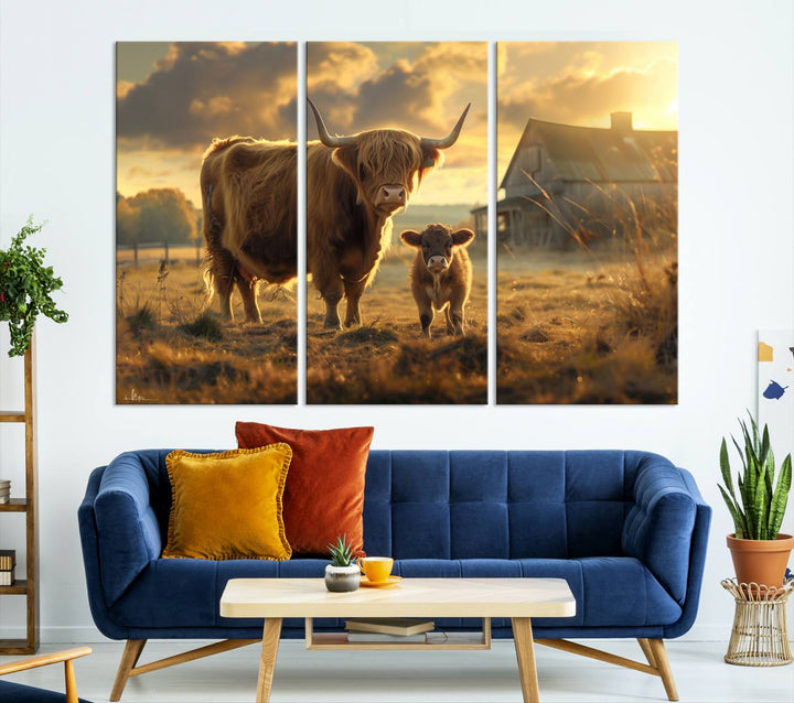 Highland Cow Canvas Wall Art Animal Print Pictures Fluffy Cattle Photo Framed Farmhouse Painting