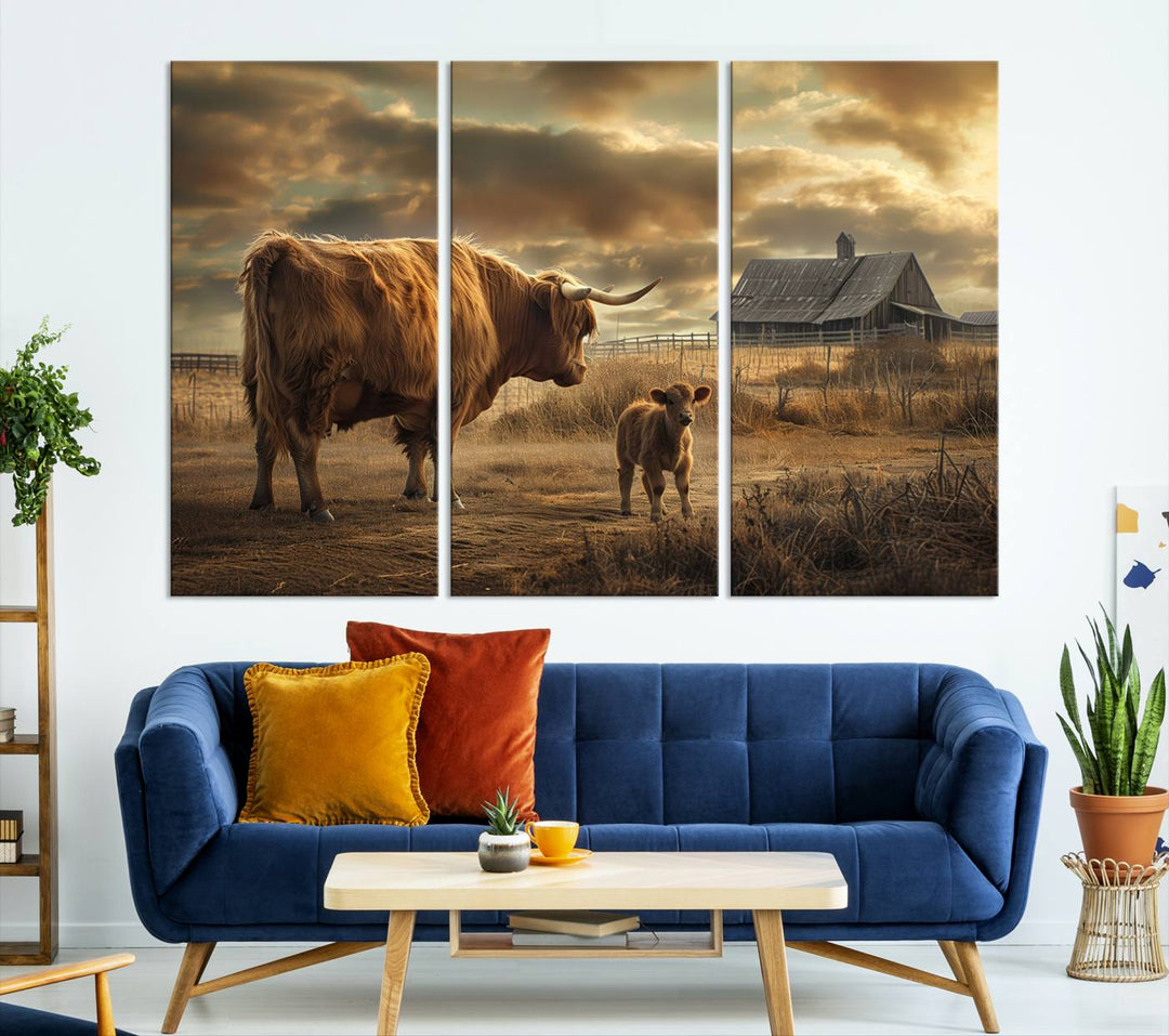 Highland Cow Canvas Wall Art Animal Print Pictures Fluffy Cattle Photo Framed Farmhouse Painting