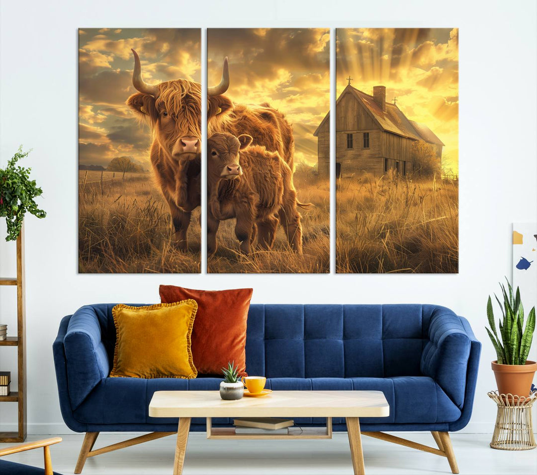 Highland Cow Canvas Wall Art Animal Print Pictures Fluffy Cattle Photo Framed Farmhouse Painting