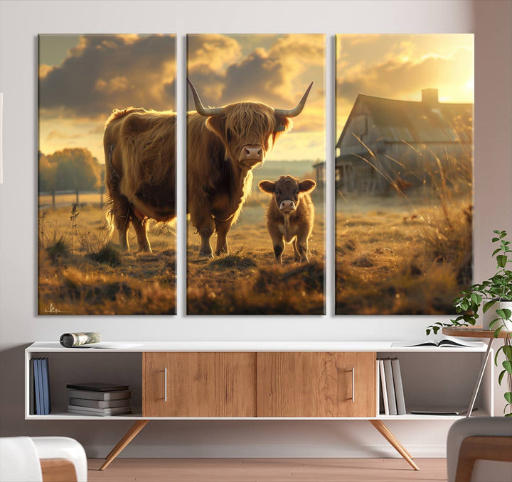 Highland Cow Canvas Wall Art Animal Print Pictures Fluffy Cattle Photo Framed Farmhouse Painting