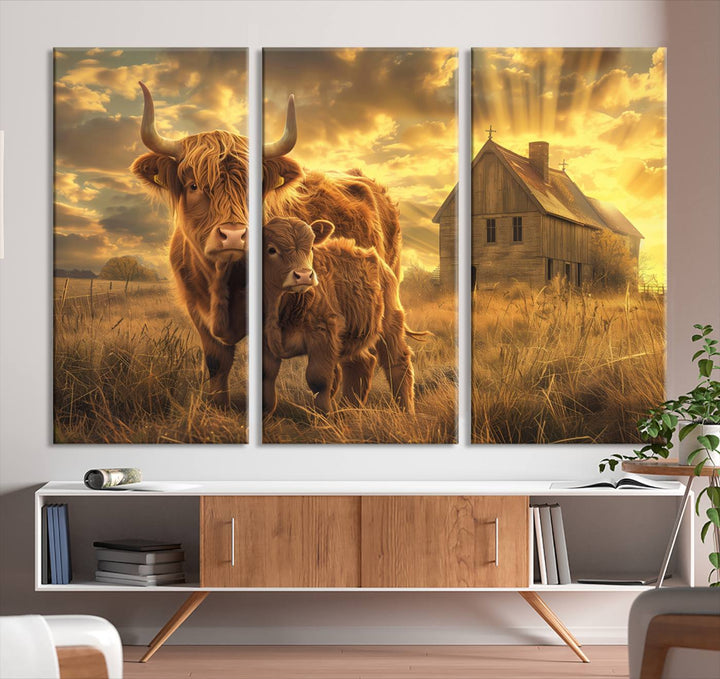 Highland Cow Canvas Wall Art Animal Print Pictures Fluffy Cattle Photo Framed Farmhouse Painting