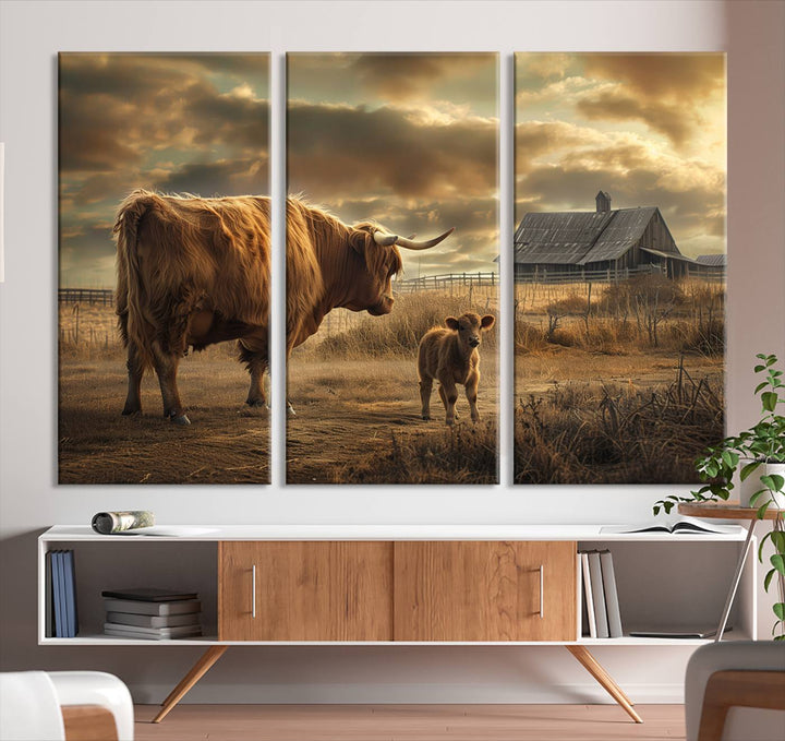 Highland Cow Canvas Wall Art Animal Print Pictures Fluffy Cattle Photo Framed Farmhouse Painting