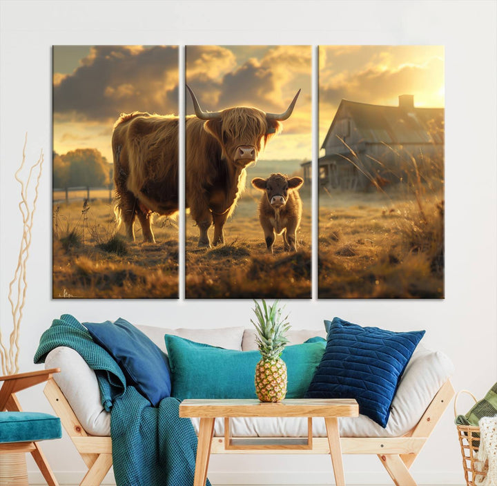 Highland Cow Canvas Wall Art Animal Print Pictures Fluffy Cattle Photo Framed Farmhouse Painting