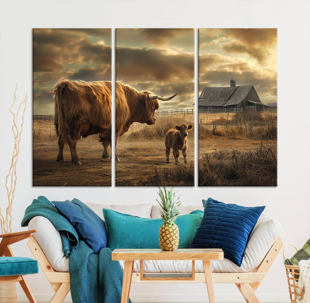 Highland Cow Canvas Wall Art Animal Print Pictures Fluffy Cattle Photo Framed Farmhouse Painting