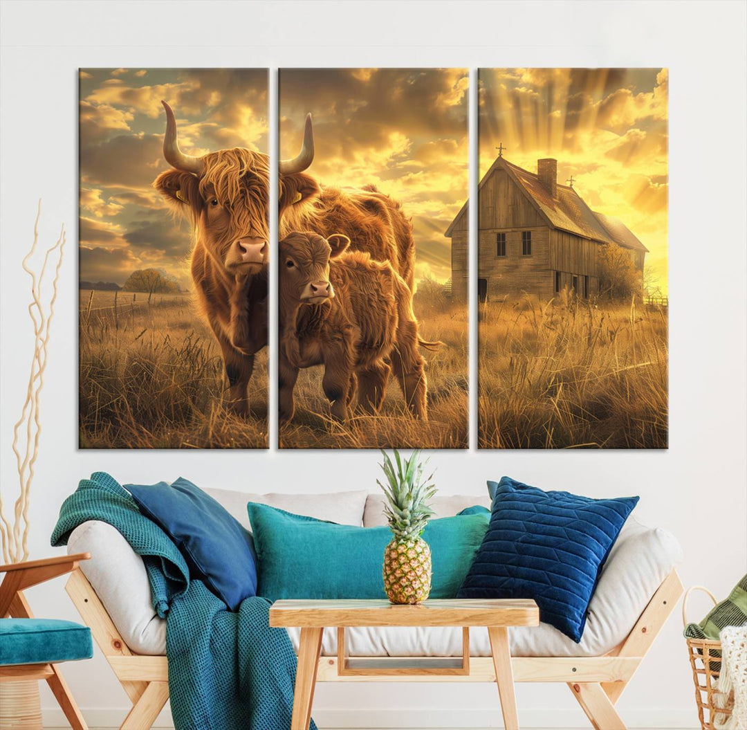 Highland Cow Canvas Wall Art Animal Print Pictures Fluffy Cattle Photo Framed Farmhouse Painting