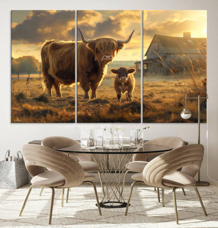 Highland Cow Canvas Wall Art Animal Print Pictures Fluffy Cattle Photo Framed Farmhouse Painting