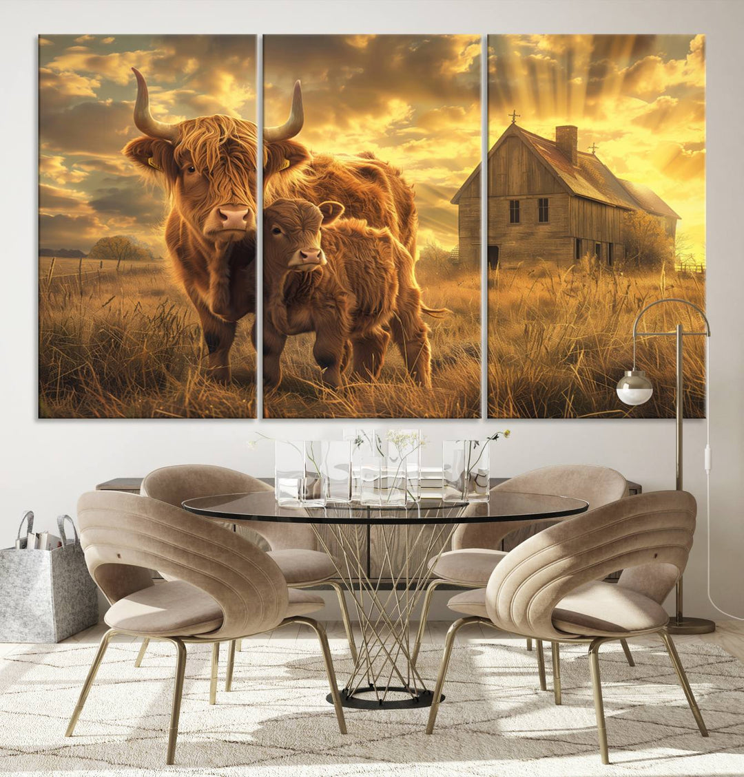 Highland Cow Canvas Wall Art Animal Print Pictures Fluffy Cattle Photo Framed Farmhouse Painting