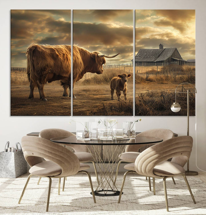 Highland Cow Canvas Wall Art Animal Print Pictures Fluffy Cattle Photo Framed Farmhouse Painting