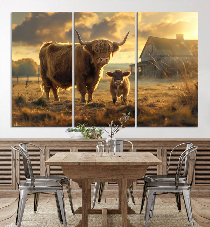 Highland Cow Canvas Wall Art Animal Print Pictures Fluffy Cattle Photo Framed Farmhouse Painting