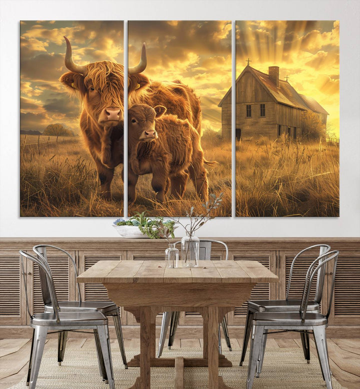 Highland Cow Canvas Wall Art Animal Print Pictures Fluffy Cattle Photo Framed Farmhouse Painting