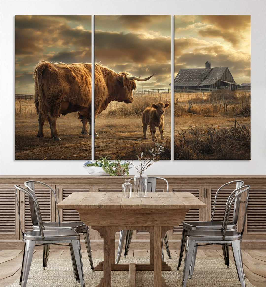 Highland Cow Canvas Wall Art Animal Print Pictures Fluffy Cattle Photo Framed Farmhouse Painting