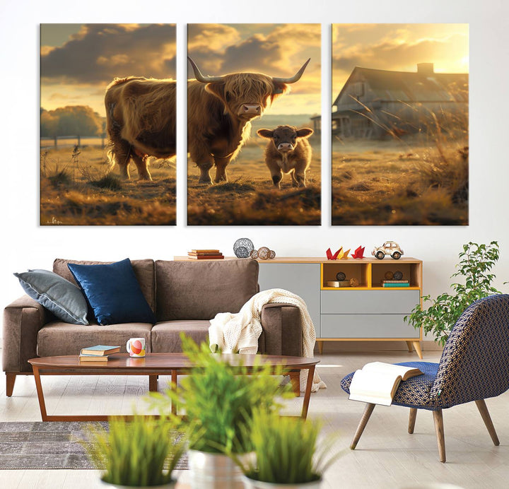 Highland Cow Canvas Wall Art Animal Print Pictures Fluffy Cattle Photo Framed Farmhouse Painting