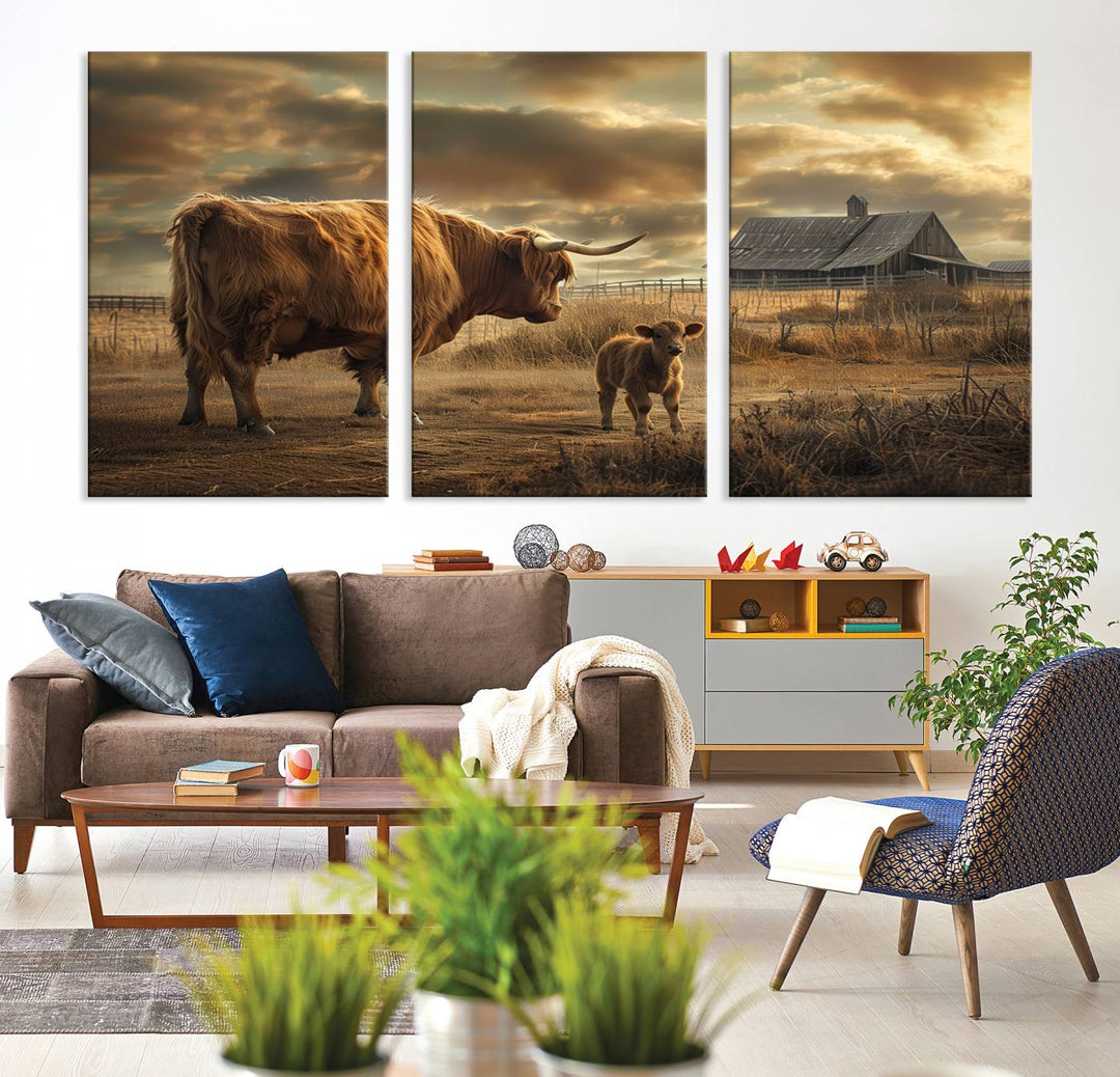 Highland Cow Canvas Wall Art Animal Print Pictures Fluffy Cattle Photo Framed Farmhouse Painting