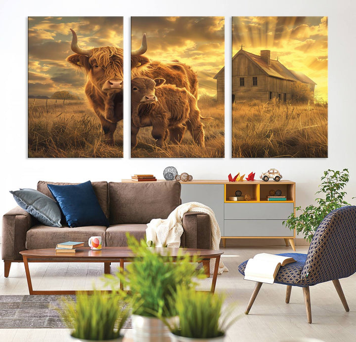 Highland Cow Canvas Wall Art Animal Print Pictures Fluffy Cattle Photo Framed Farmhouse Painting