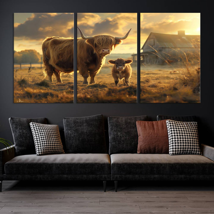 Highland Cow Canvas Wall Art Animal Print Pictures Fluffy Cattle Photo Framed Farmhouse Painting