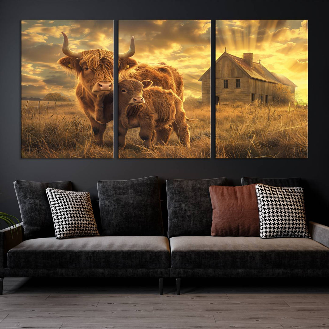 Highland Cow Canvas Wall Art Animal Print Pictures Fluffy Cattle Photo Framed Farmhouse Painting