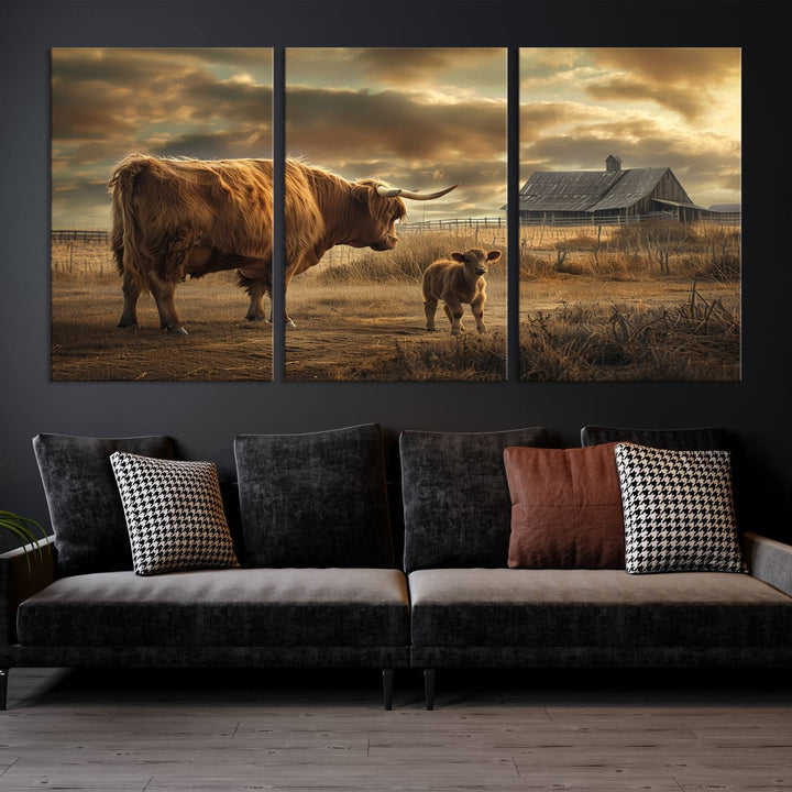 Highland Cow Canvas Wall Art Animal Print Pictures Fluffy Cattle Photo Framed Farmhouse Painting