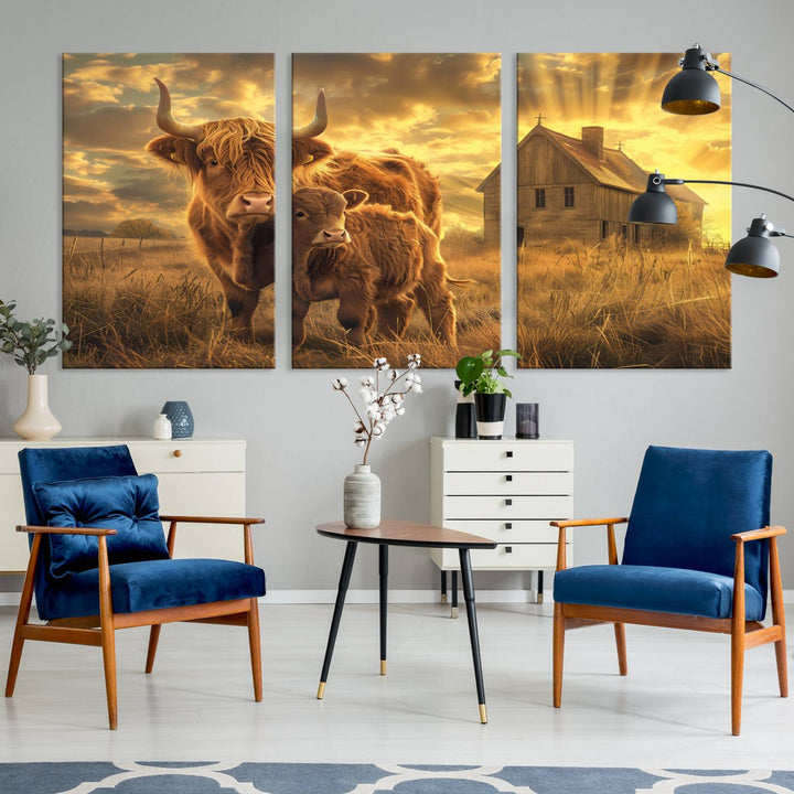 Highland Cow Canvas Wall Art Animal Print Pictures Fluffy Cattle Photo Framed Farmhouse Painting