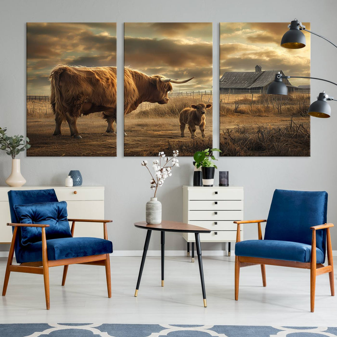 Highland Cow Canvas Wall Art Animal Print Pictures Fluffy Cattle Photo Framed Farmhouse Painting