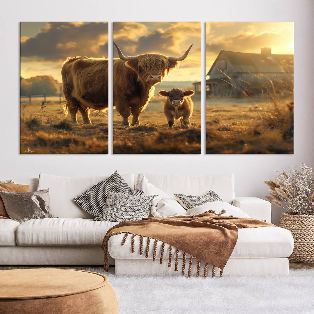 Highland Cow Canvas Wall Art Animal Print Pictures Fluffy Cattle Photo Framed Farmhouse Painting