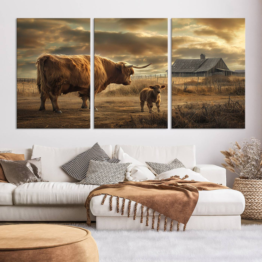 Highland Cow Canvas Wall Art Animal Print Pictures Fluffy Cattle Photo Framed Farmhouse Painting