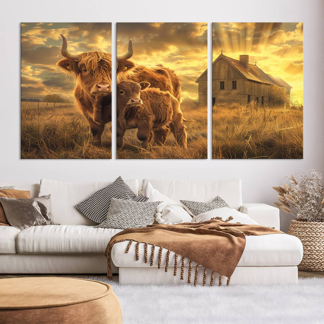 Highland Cow Canvas Wall Art Animal Print Pictures Fluffy Cattle Photo Framed Farmhouse Painting