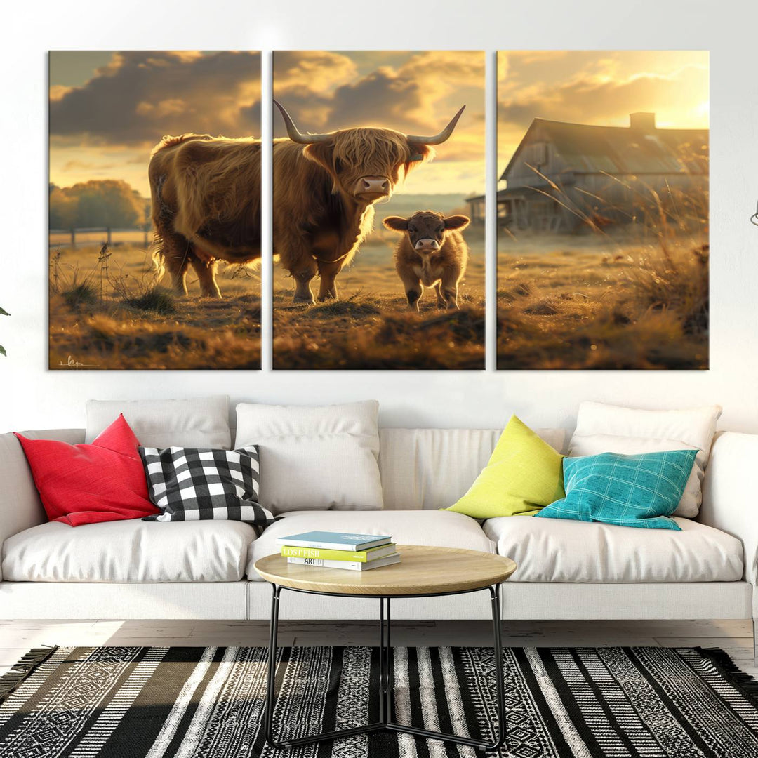 Highland Cow Canvas Wall Art Animal Print Pictures Fluffy Cattle Photo Framed Farmhouse Painting