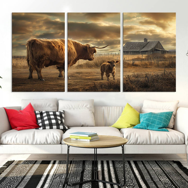 Highland Cow Canvas Wall Art Animal Print Pictures Fluffy Cattle Photo Framed Farmhouse Painting