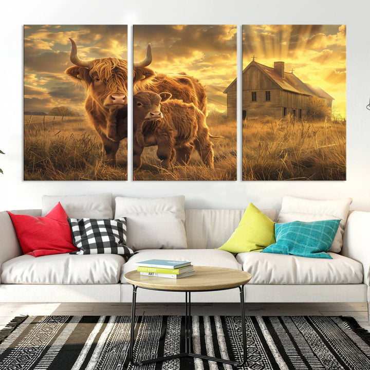 Highland Cow Canvas Wall Art Animal Print Pictures Fluffy Cattle Photo Framed Farmhouse Painting