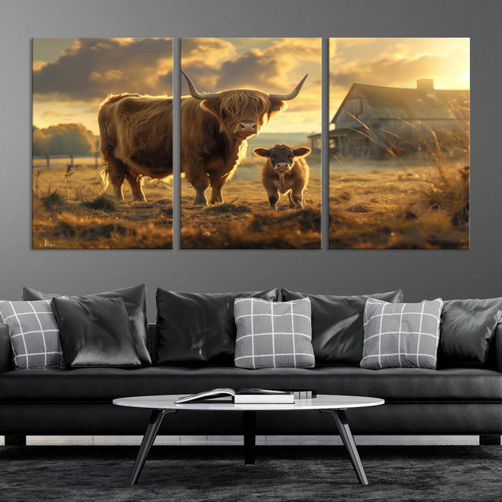 Highland Cow Canvas Wall Art Animal Print Pictures Fluffy Cattle Photo Framed Farmhouse Painting