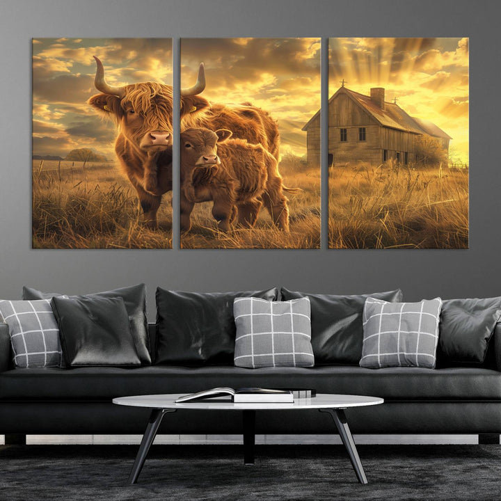 Highland Cow Canvas Wall Art Animal Print Pictures Fluffy Cattle Photo Framed Farmhouse Painting