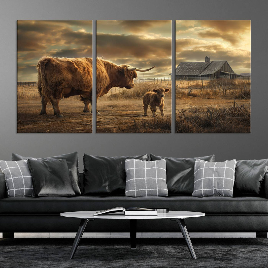 Highland Cow Canvas Wall Art Animal Print Pictures Fluffy Cattle Photo Framed Farmhouse Painting