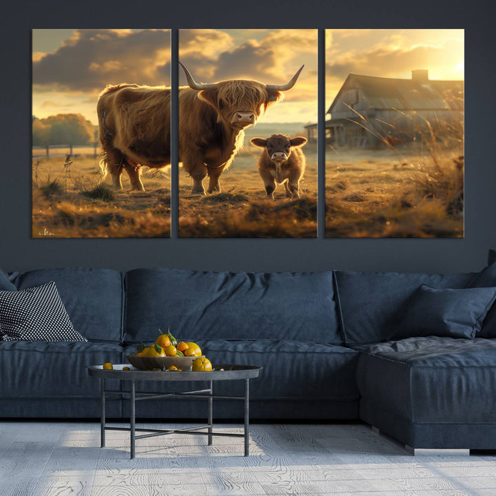 Highland Cow Canvas Wall Art Animal Print Pictures Fluffy Cattle Photo Framed Farmhouse Painting