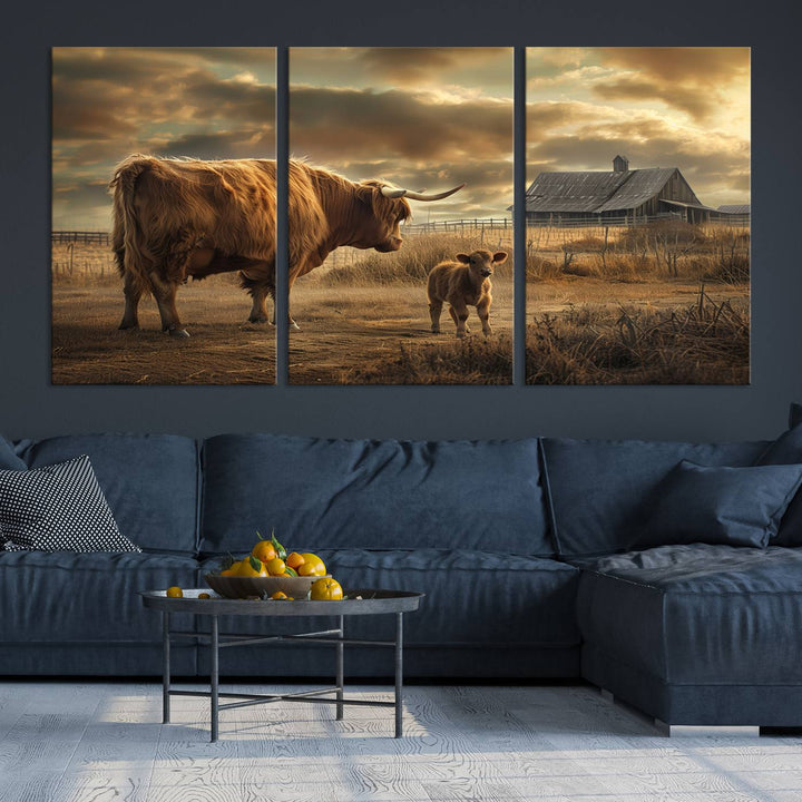 Highland Cow Canvas Wall Art Animal Print Pictures Fluffy Cattle Photo Framed Farmhouse Painting