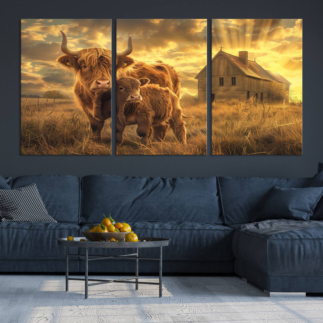 Highland Cow Canvas Wall Art Animal Print Pictures Fluffy Cattle Photo Framed Farmhouse Painting