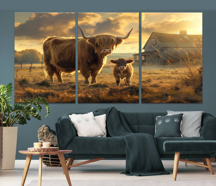 Highland Cow Canvas Wall Art Animal Print Pictures Fluffy Cattle Photo Framed Farmhouse Painting