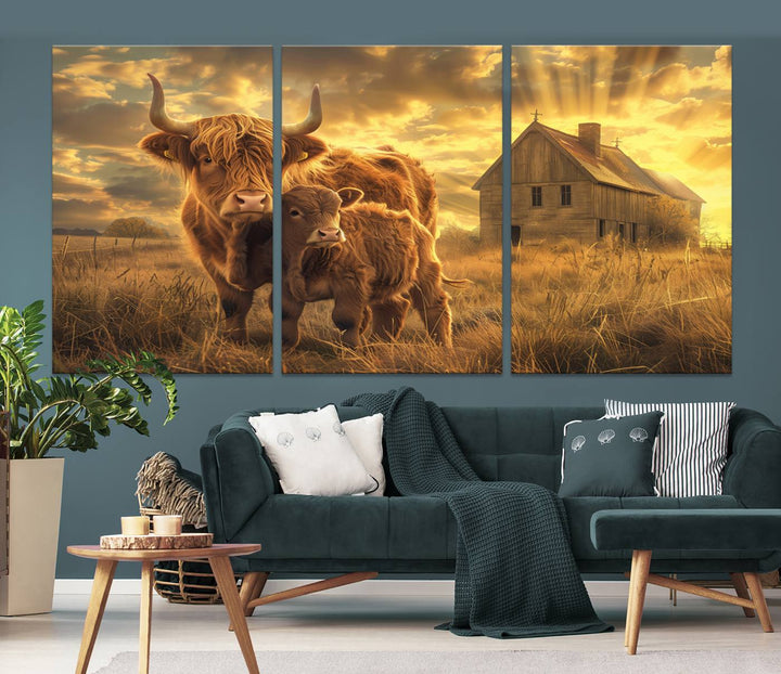 Highland Cow Canvas Wall Art Animal Print Pictures Fluffy Cattle Photo Framed Farmhouse Painting