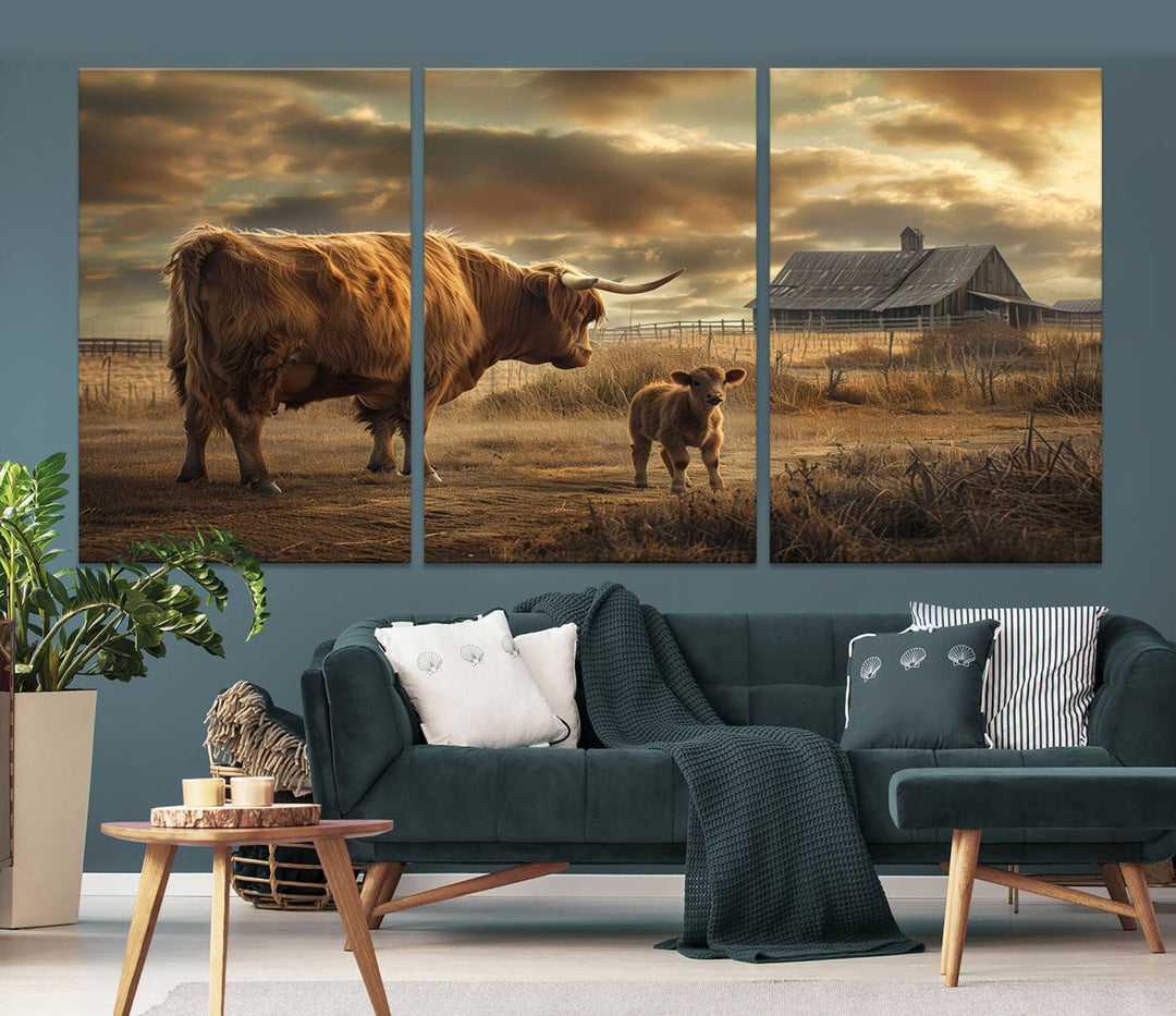 Highland Cow Canvas Wall Art Animal Print Pictures Fluffy Cattle Photo Framed Farmhouse Painting