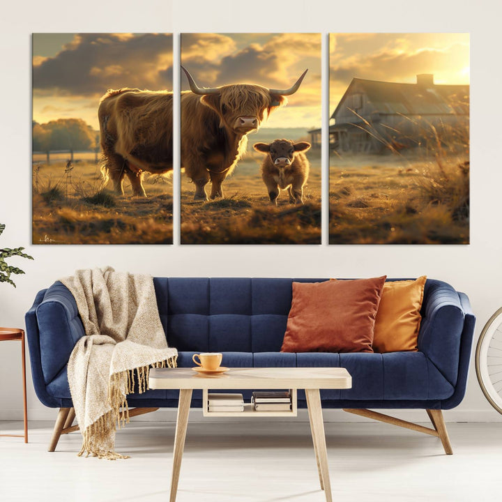 Highland Cow Canvas Wall Art Animal Print Pictures Fluffy Cattle Photo Framed Farmhouse Painting