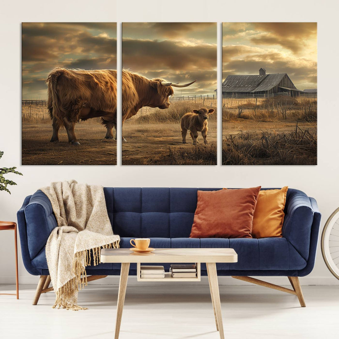 Highland Cow Canvas Wall Art Animal Print Pictures Fluffy Cattle Photo Framed Farmhouse Painting