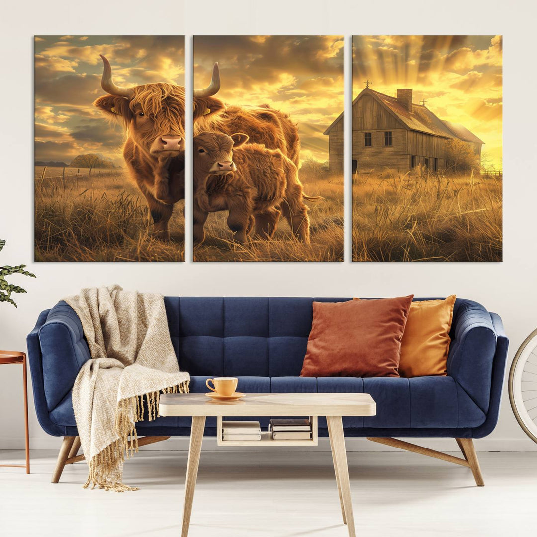 Highland Cow Canvas Wall Art Animal Print Pictures Fluffy Cattle Photo Framed Farmhouse Painting