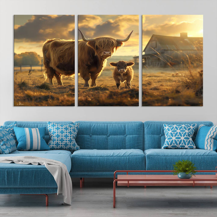 Highland Cow Canvas Wall Art Animal Print Pictures Fluffy Cattle Photo Framed Farmhouse Painting