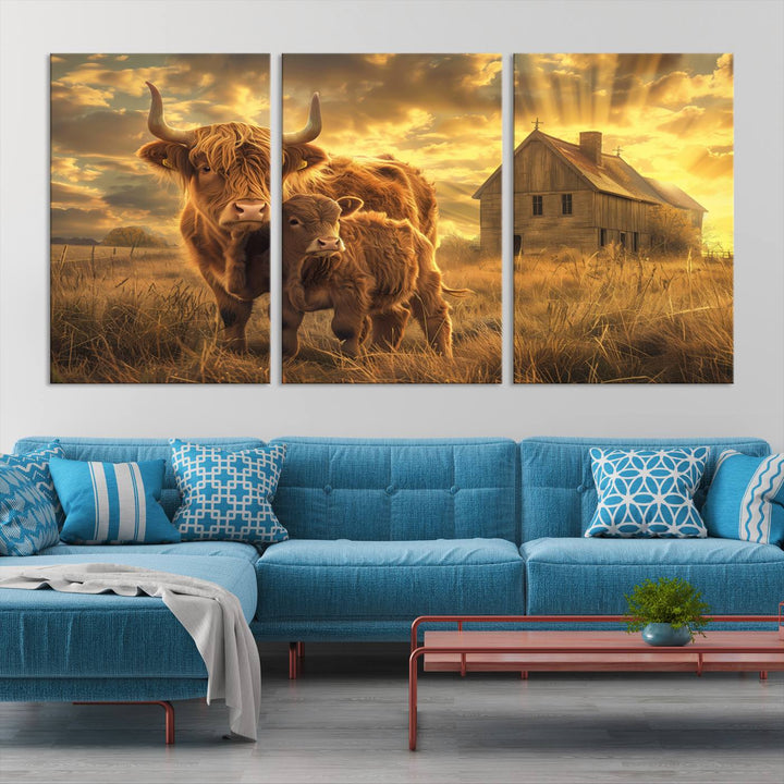 Highland Cow Canvas Wall Art Animal Print Pictures Fluffy Cattle Photo Framed Farmhouse Painting