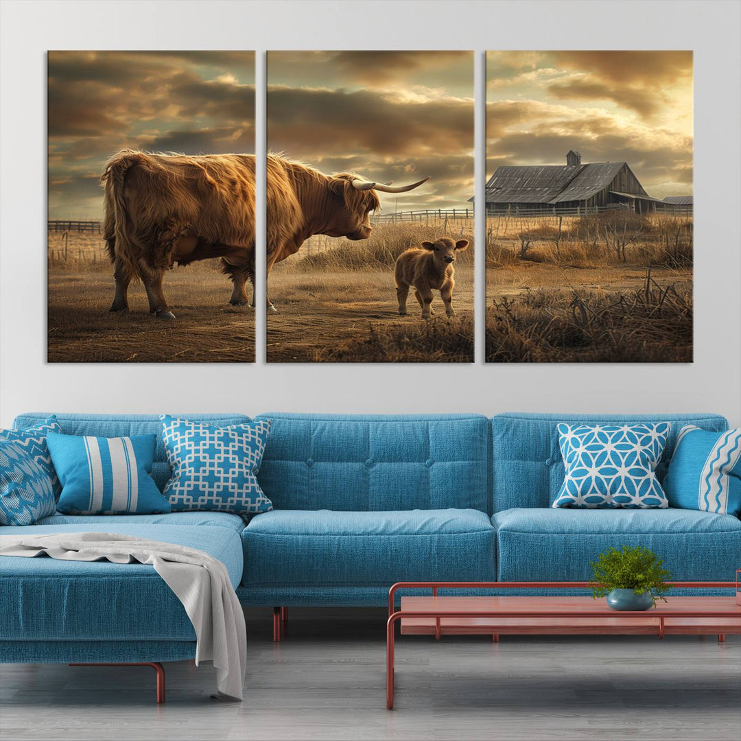 Highland Cow Canvas Wall Art Animal Print Pictures Fluffy Cattle Photo Framed Farmhouse Painting