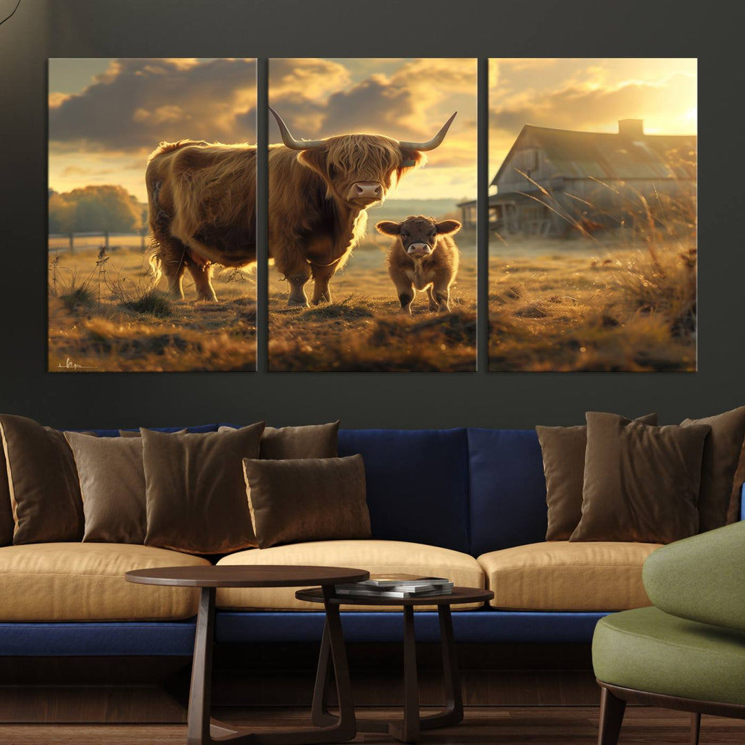 Highland Cow Canvas Wall Art Animal Print Pictures Fluffy Cattle Photo Framed Farmhouse Painting