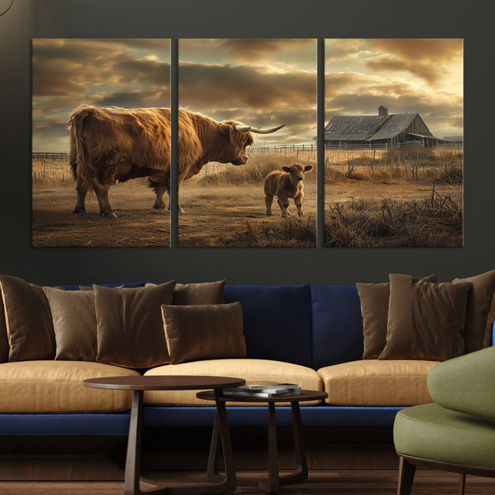 Highland Cow Canvas Wall Art Animal Print Pictures Fluffy Cattle Photo Framed Farmhouse Painting